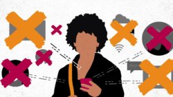 Screenshot of a cartoon woman holding a phone