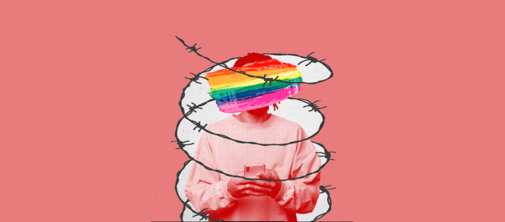 Digital stop and search: Illustration of an LGBT person using their phone and encircled with barbed wire
