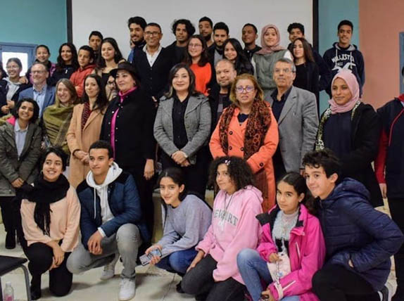 Group photo during launch event of Ahki-free web TV at Rafeha secondary school, Mnihla, Ariana governorate. In attendance were secondary school Human Rights and Citizenship club members and animators, ARTICLE 19 MENA staff, and members of ARTICLE 19’s International Board. Photo: ARTICLE 19 Tunisia Team, 12 December, 2019