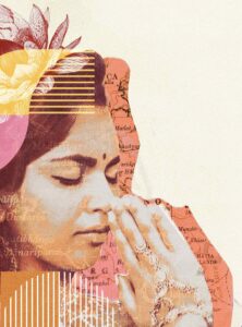 A mixed-media image from the Equally Safe project. Featuring a side profile photo of a woman with her eyes closed, with an overlapping graphic of a map of a region in Bangladesh