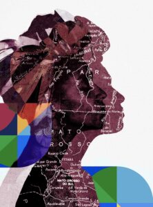 A mixed-media image from the Equally Safe project. Featuring a side profile photo of a woman with her eyes closed, with an overlapping graphic of a map of a region in Brazil