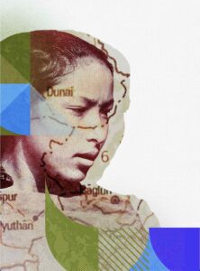 A mixed-media image from the Equally Safe project. Featuring a woman looking downwards, with an overlapping graphic of a map of a region in Nepal