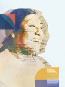 A mixed-media image from the Equally Safe project. Featuring a woman laughing, with an overlapping graphic of a map of a region in Paraguay