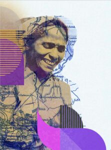 A mixed-media image from the Equally Safe project. Featuring a woman smiling, with an overlapping graphic of a map of a region in Sri Lanka