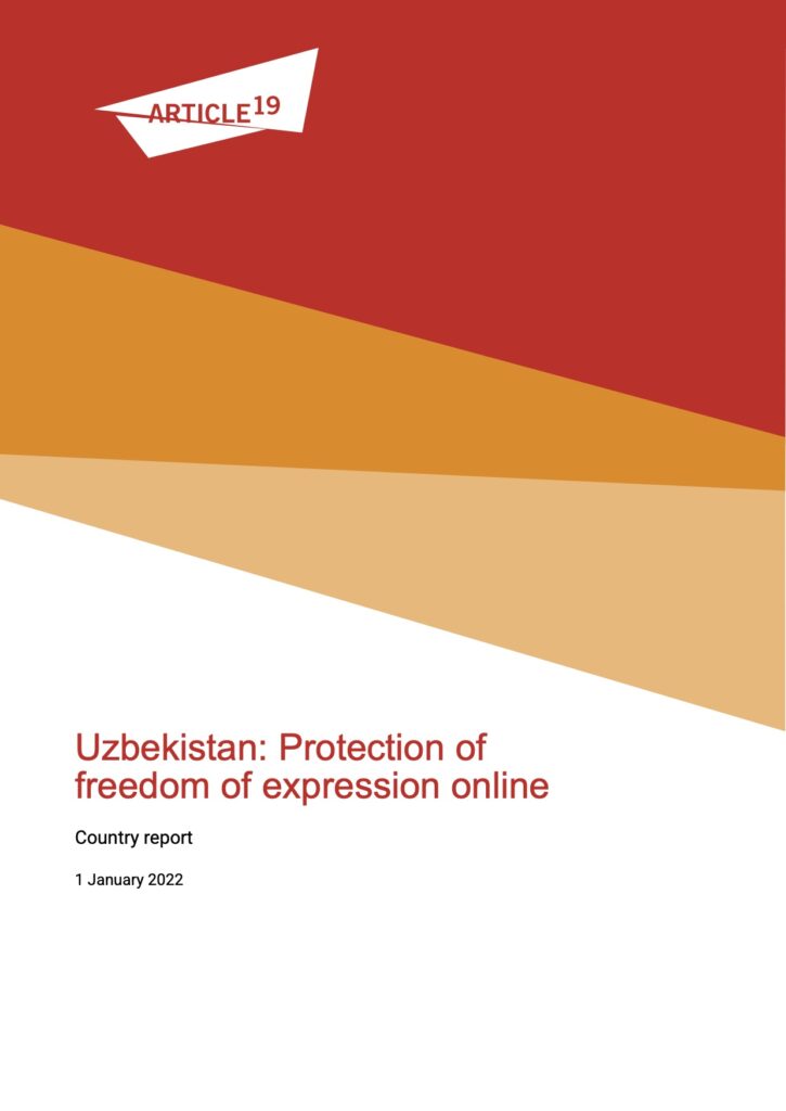 Report cover titled "Uzbekistan: Protection of freedom of expression online"